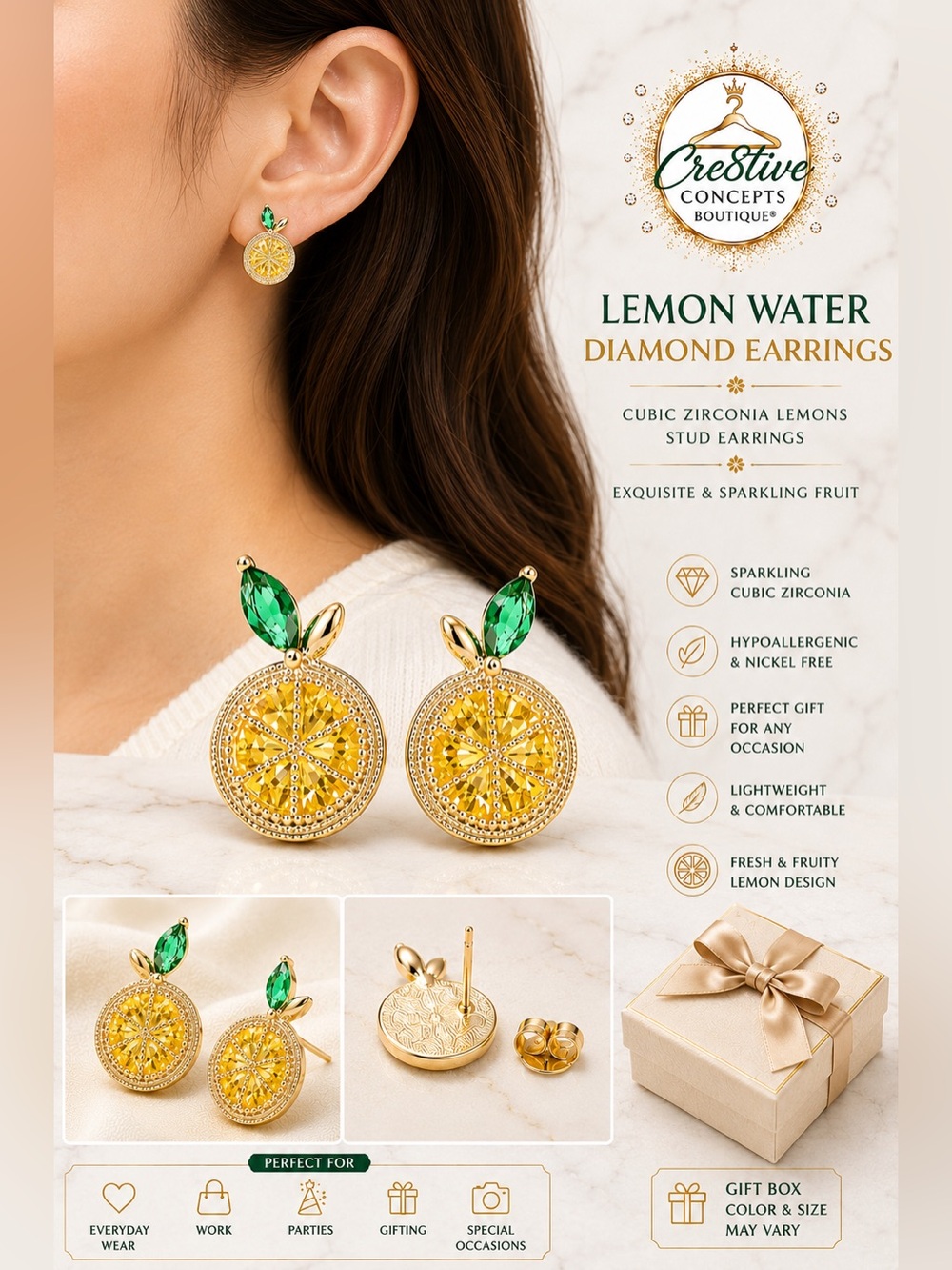 Lemon Water Cubic Zirconia Stud Earrings Hypoallergenic with Gift Box - Picture 3 of 4